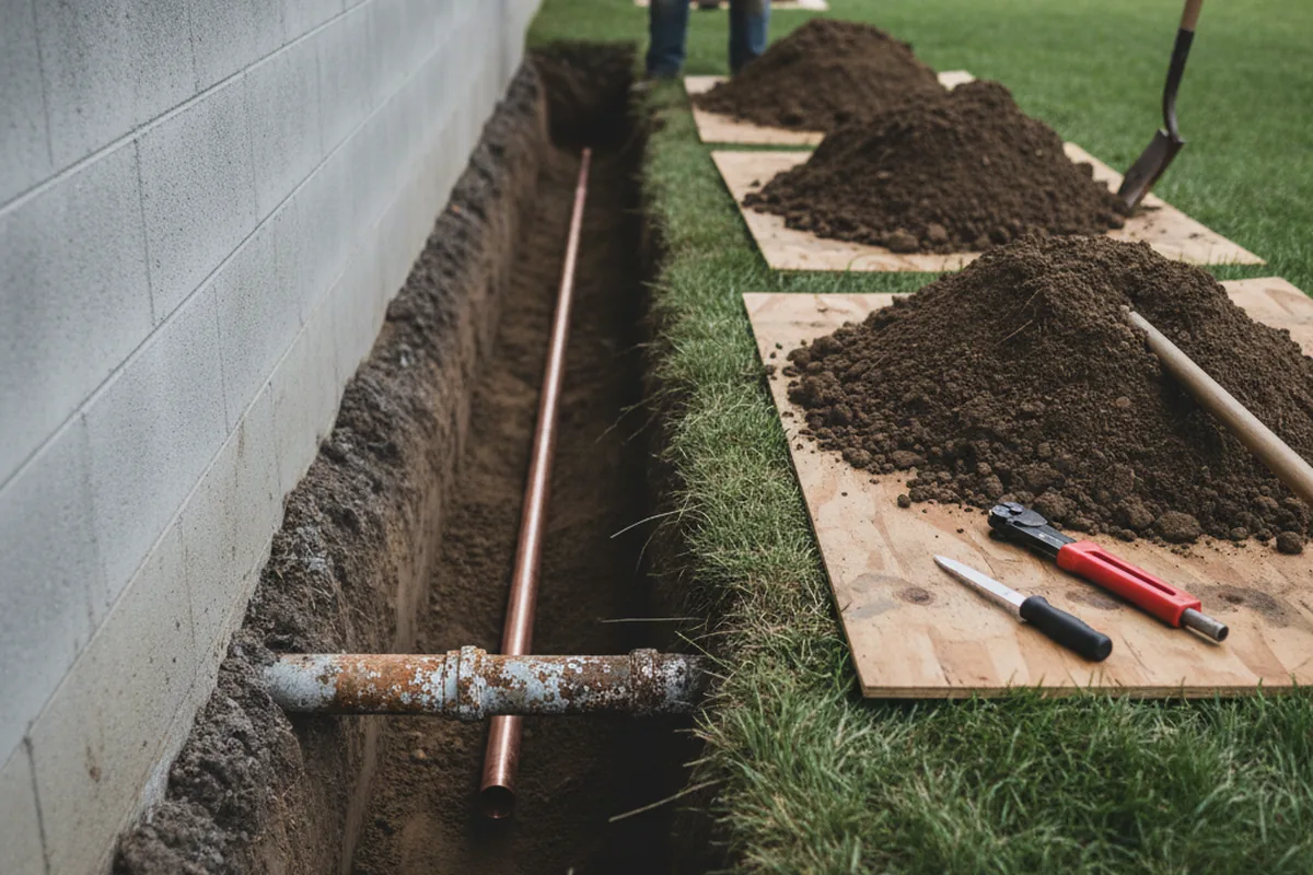 Excavated water line trench during Sewer Line Repair in Livermore